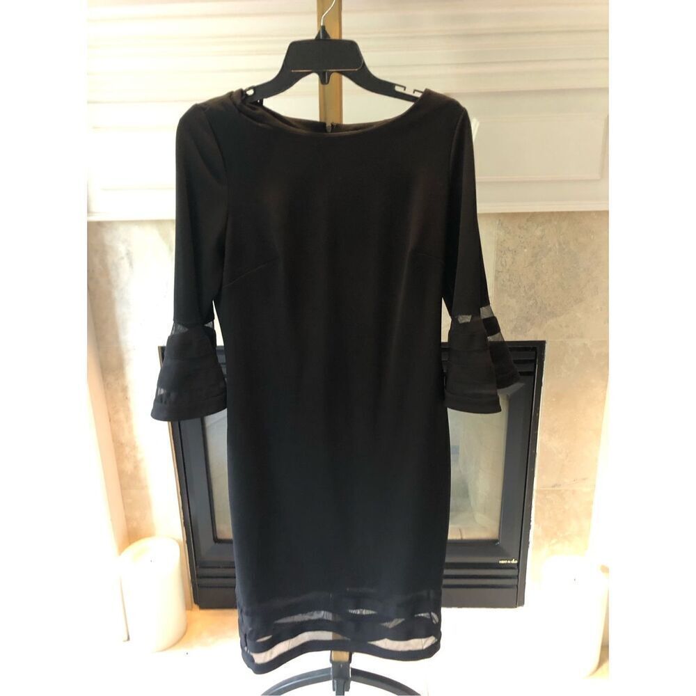 Calvin Klein Women’s Elegant Black Flare Sleeve Striped Mesh Trim Dress Size 8